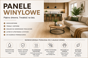 drewniana podłoga w salonie połączonym z kuchnią wykonana z paneli winylowych