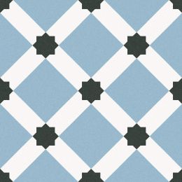 Niebiesko-biała płytka z ciemnymi gwiazdkami rozmieszczonymi regularnie w miejscach białej szachownicy. Białe tło
