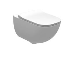 PALO miska WC ceramiczna wisząca bezkołnierzowa z ukrytymi mocowaniami 34.7 x 54 cm z dystrybutorem wody ze specjalnym sitkiem tłumiącym strumień wody w komplecie: deska twarda wolnoopadająca łatwowypinalna