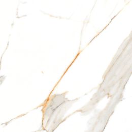 Biała kwadratowa płytka gresowa poprzecinana beżowymi smugami i złotymi liniami. Białe tło