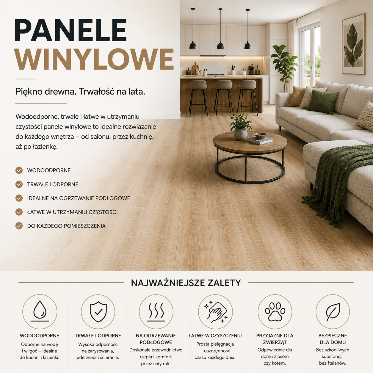 drewniana podłoga w salonie połączonym z kuchnią wykonana z paneli winylowych