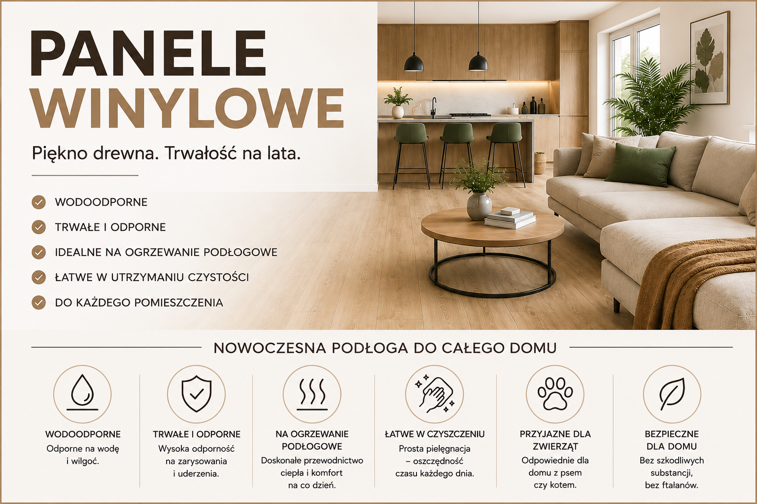 drewniana podłoga w salonie połączonym z kuchnią wykonana z paneli winylowych
